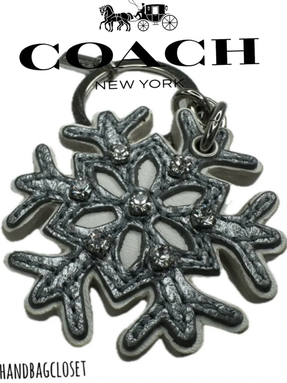 Coach Vintage Leather Gunmetal Snowflake Winter Key Bag Charm Keychain